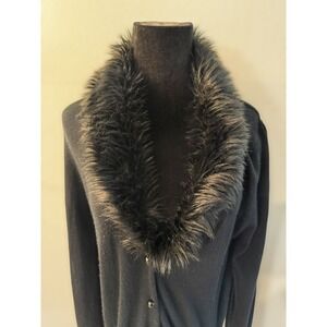 Y2K Goth‎ Shimmer Black Cardigan Sweater Faux Fur Collar Long Sleeve Womens